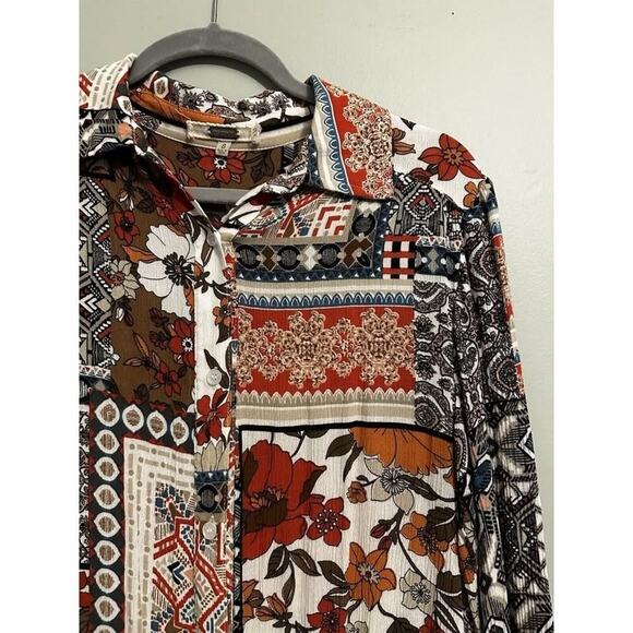 Boho Floral Geometric Quilt Square Pattern Long Sleeve Button-Down Shirt Kimono - Picture 5 of 16